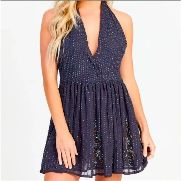 NWT Altar’d State Raven Beaded Sequin Backless Halter Mini Dress in Black - Picture 9 of 10